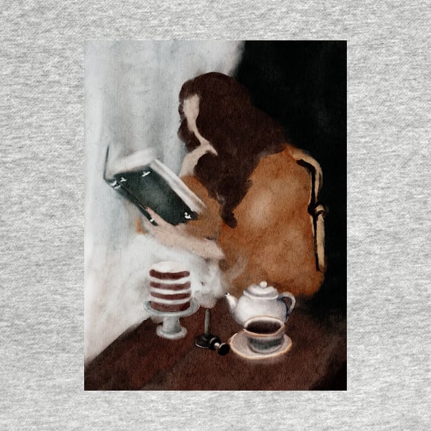 Young Woman Reading By A Window in a Gold Sweater With Tea and Cake Watercolor by penandbea